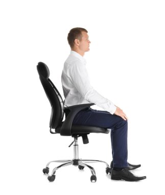 Man sitting in office chair on white background. Posture concept clipart