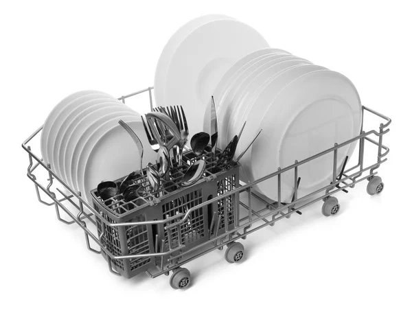 Temiz Yemekler Beyaz Arka Plan Üzerinde Mutfak Eşyaları Ile Raf — Stok fotoğraf