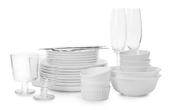 Set Stoviglie Pulite Sfondo Bianco Lavare Piatti — Foto Stock