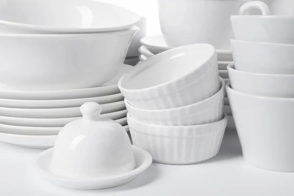 Set Clean Tableware White Background Closeup Washing Dishes — Stock Photo, Image