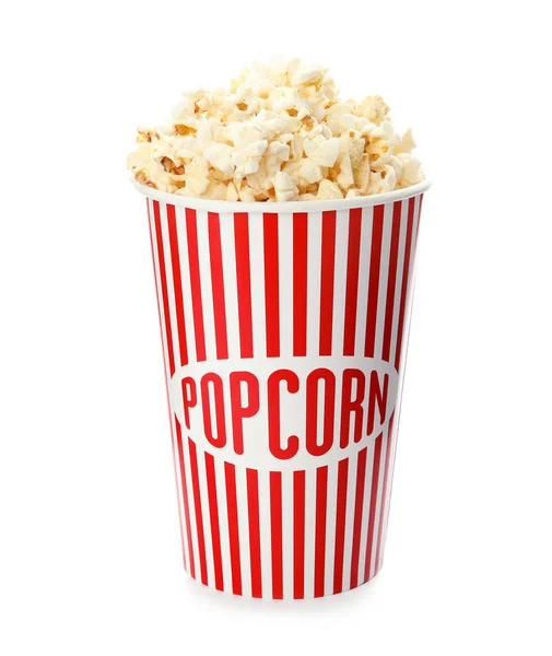 Pappbecher Mit Leckerem Frischen Popcorn Auf Weißem Hintergrund — Stockfoto