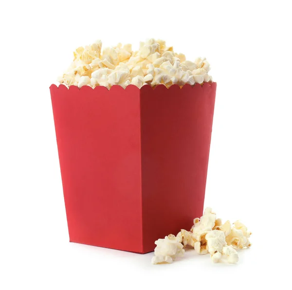 Röd Hink Med Läckra Popcorn Vit Bakgrund — Stockfoto