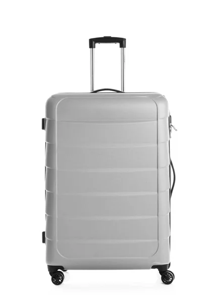 Utazáshoz Fehér Alapon Szürke Bőrönd — Stock Fotó