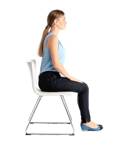 Woman Sitting Chair White Background Posture Concept — Stock Photo, Image