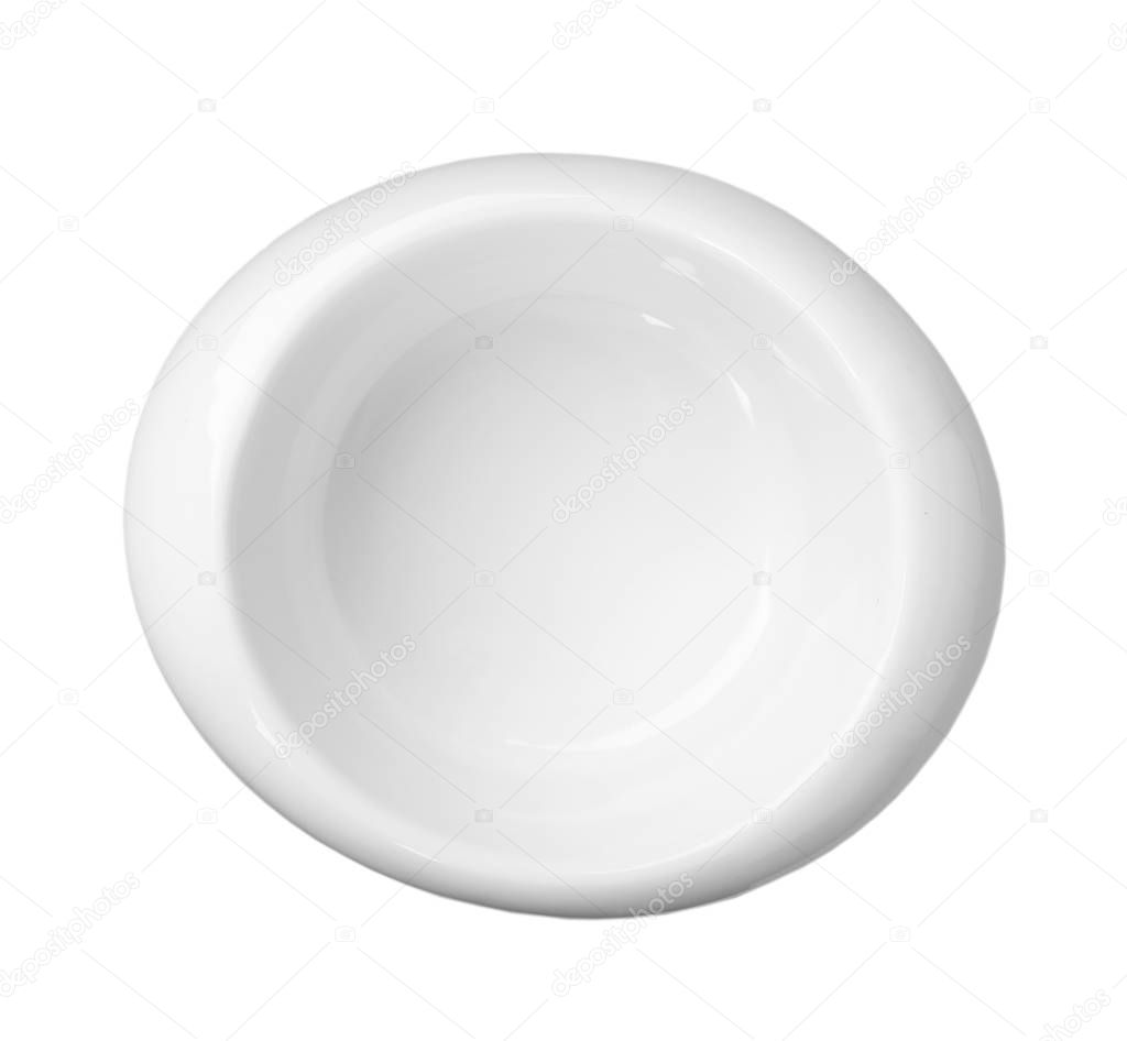 Ceramic bowl with space for text on white background, top view. Washing dishes
