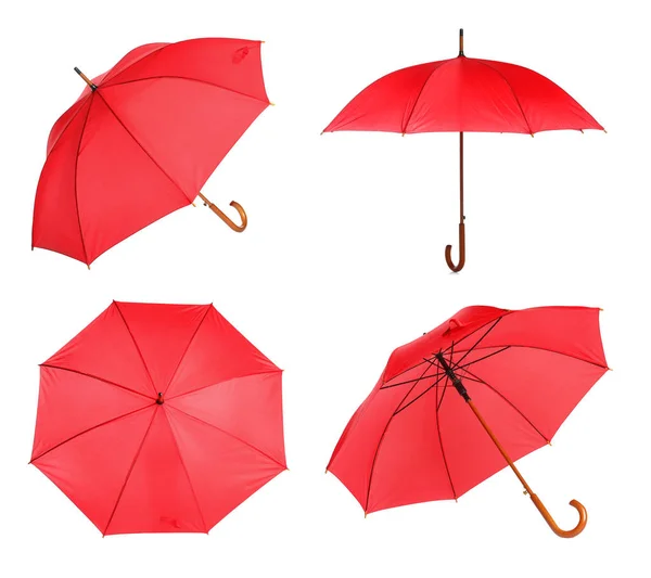 Set Con Elegante Paraguas Rojo Diferentes Vistas Sobre Fondo Blanco — Foto de Stock