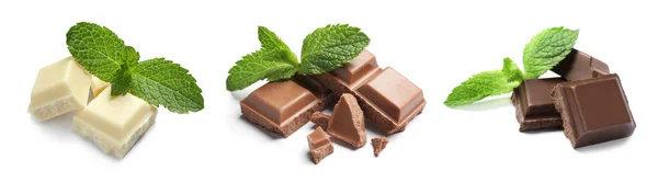 Nastavit Různé Druhy Lahodné Čokolády Máty Bílém Pozadí — Stock fotografie