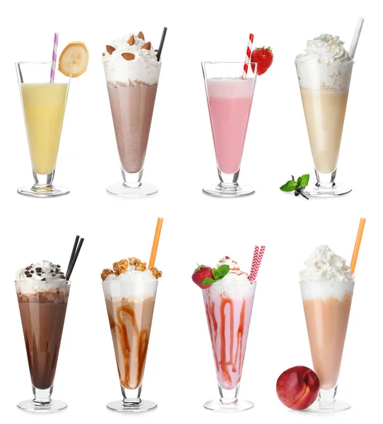 Set Met Verschillende Heerlijke Milkshakes Witte Achtergrond — Stockfoto
