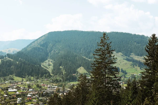 Paisagem Pitoresca Com Floresta Aldeia Montanhas — Fotografia de Stock