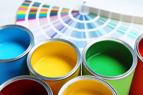 Paint Cans Color Palette Samples Table Closeup — Stock Photo, Image