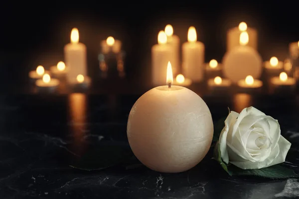 White rose and burning candle on table in darkness, space for text. Funeral symbol