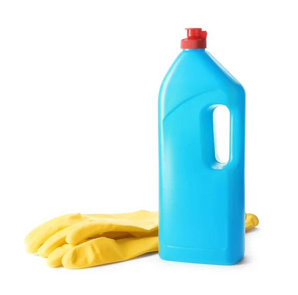 Καθαρισμός Προϊόν Και Λαστιχένια Γάντια Για Πλύσιμο Πιάτων Λευκό Φόντο — Φωτογραφία Αρχείου