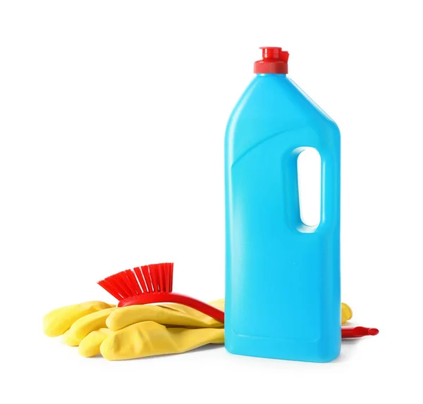 Reinigungsmittel Gummihandschuhe Und Pinsel Zum Spülen Auf Weißem Hintergrund — Stockfoto