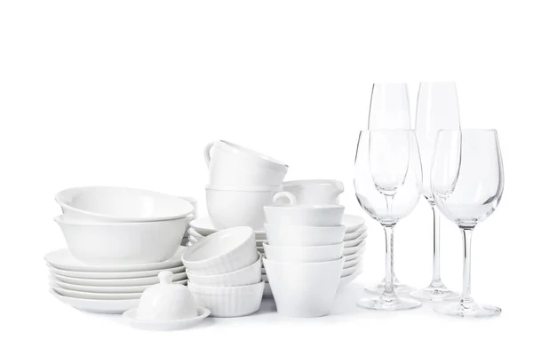 Set Clean Tableware White Background Washing Dishes — Stock Photo, Image