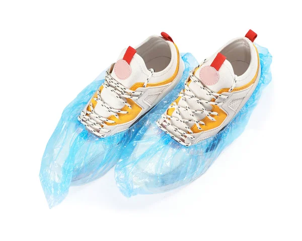 Pair Sneakers Medical Blue Covers White Background — Stock Photo, Image