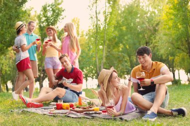 Mutlu arkadaşlar güneşli bir günde parkta piknik yapıyorlar.