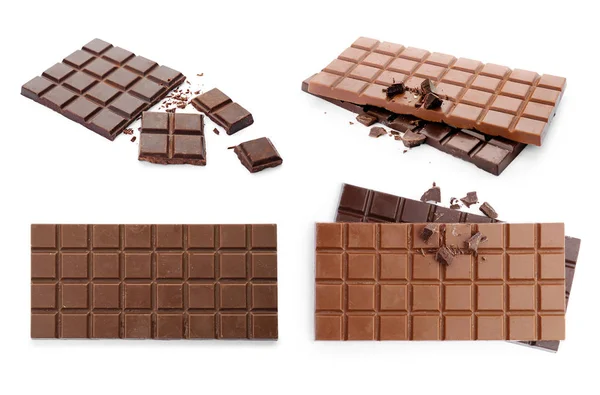 Set Mit Verschiedenen Arten Köstlicher Schokolade Auf Weißem Hintergrund — Stockfoto