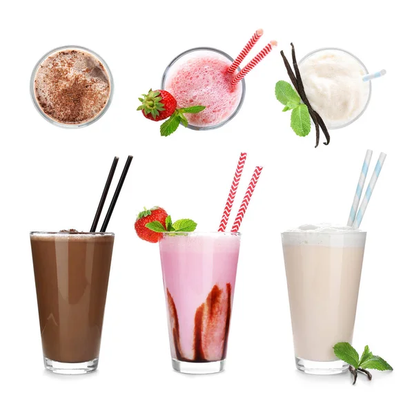 Set Different Delicious Milk Shakes White Background — Stock Photo, Image
