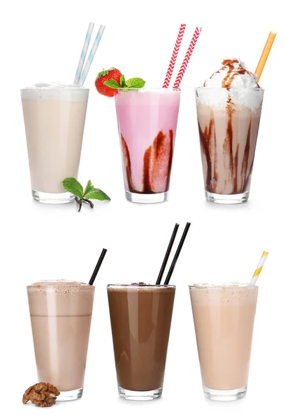 Set Mit Verschiedenen Leckeren Milchshakes Auf Weißem Hintergrund — Stockfoto