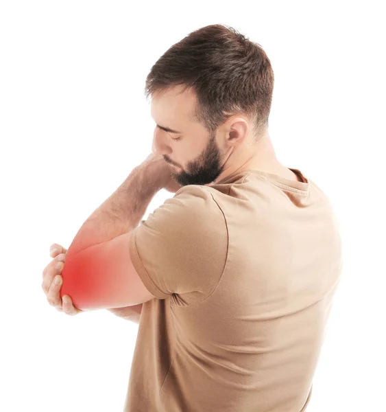 Young Man Suffering Elbow Pain White Background — Stock Photo, Image