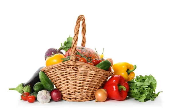 Many Fresh Ripe Vegetables Basket White Background — Stock Photo, Image