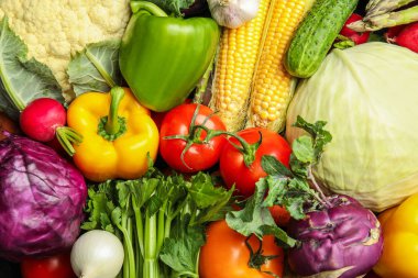 Taze renkli sebze, closeup ürün yelpazesine. Sağlıklı gıda