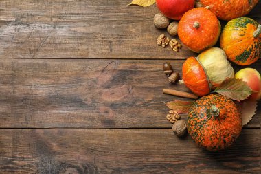 Ahşap arka plan, metin için yer ile düz yatıyordu kompozisyon üzerinde farklı balkabağı. Sonbahar tatil