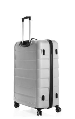 Beyaz arka plan üzerinde seyahat için gri çanta