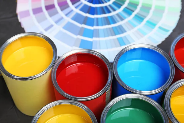 Paint Cans Color Palette Samples Table Closeup — Stock Photo, Image