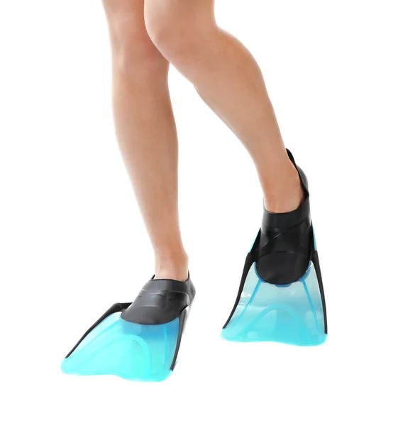 Vrouw Draagt Blauwe Flippers Witte Achtergrond Close — Stockfoto