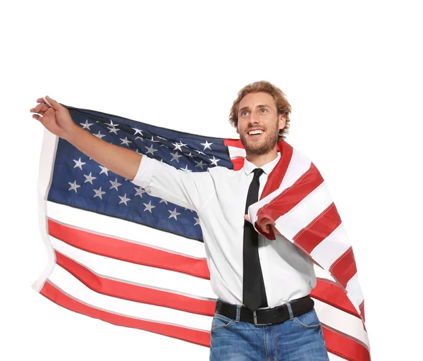 Jovem Com Bandeira Americana Sobre Fundo Branco — Fotografia de Stock