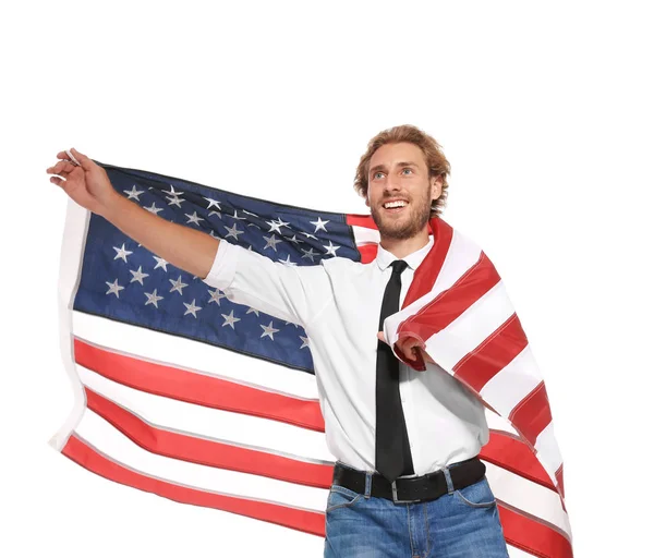 Joven Con Bandera Americana Sobre Fondo Blanco — Foto de Stock