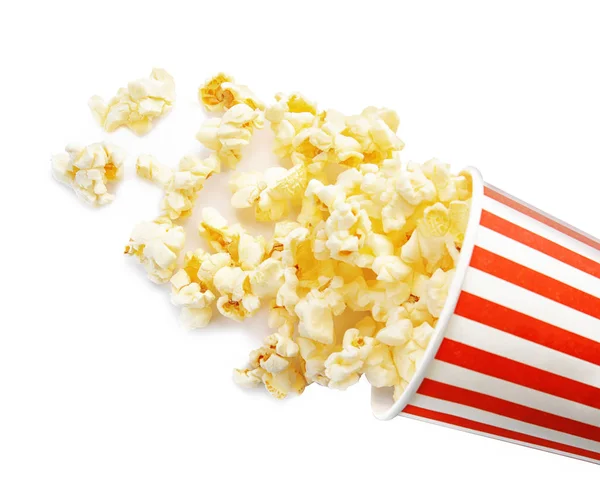 Umgekippte Tasse Mit Leckerem Frischen Popcorn Auf Weißem Hintergrund Draufsicht — Stockfoto