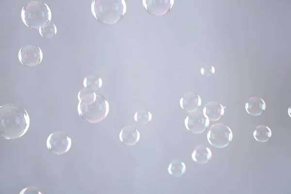 Beautiful Translucent Soap Bubbles Grey Background — Stock Photo, Image