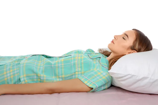 Menina Adolescente Bonita Dormindo Com Travesseiro Confortável Cama Contra Fundo — Fotografia de Stock