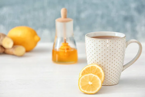 Xícara Chá Limão Mesa Espaço Para Texto — Fotografia de Stock