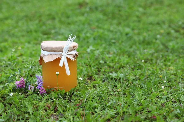 Honung Glasburk Och Blommor Grönt Gräs Utrymme För Text — Stockfoto