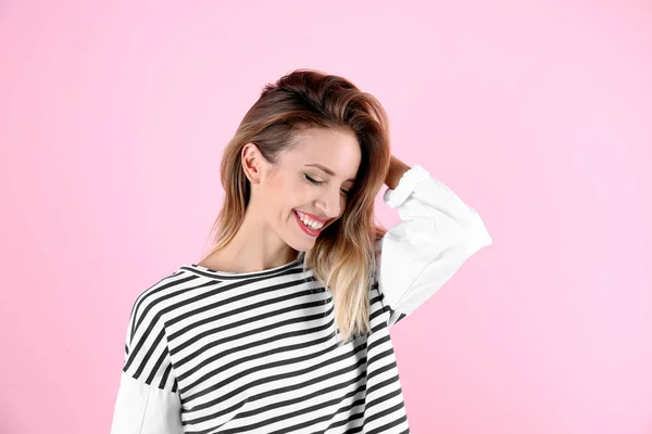 Portrait Beautiful Laughing Woman Color Background — Stock Photo, Image