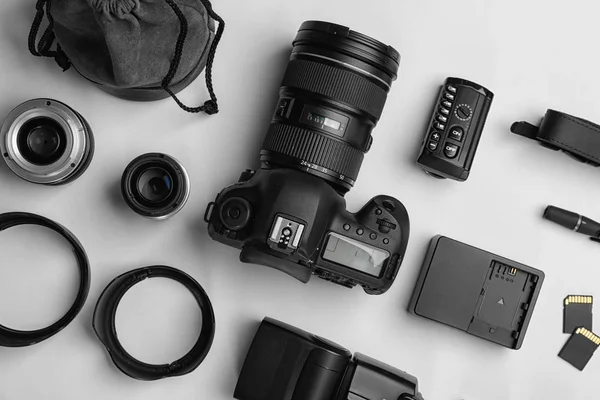 Flat Lay Composition Photographer Equipment Accessories White Background — Stock Photo, Image