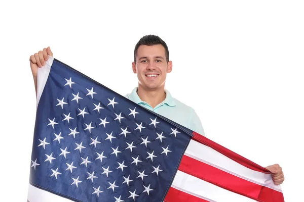 Retrato Hombre Con Bandera Americana Sobre Fondo Blanco — Foto de Stock