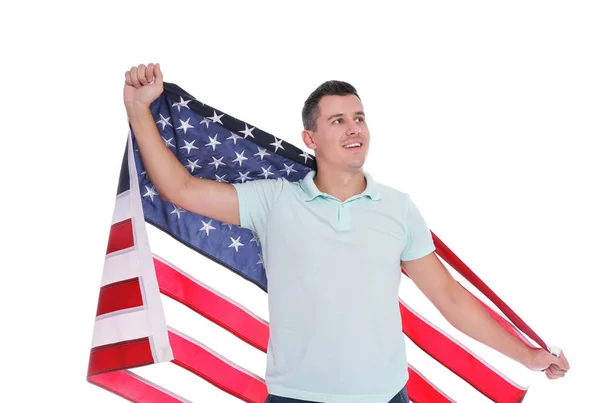 Retrato Hombre Con Bandera Americana Sobre Fondo Blanco — Foto de Stock