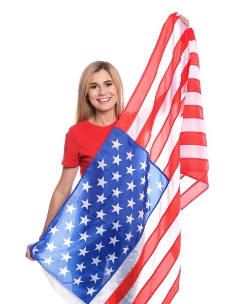 Portrait Woman American Flag White Background — Stock Photo, Image
