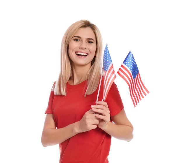 Portrait Woman American Flags White Background — Stock Photo, Image