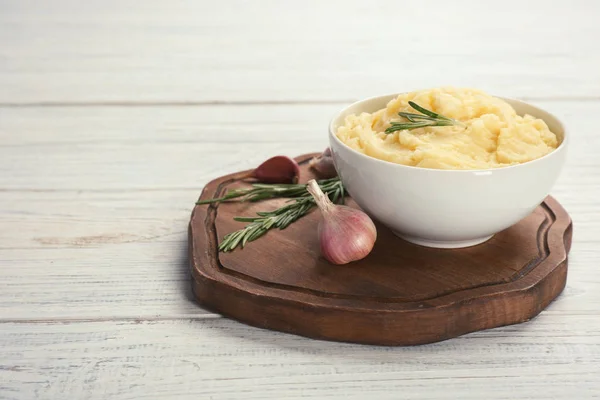 Bowl Mashed Potatoes Wooden Board Space Text — Stock Photo, Image