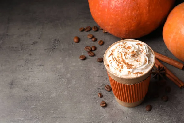 Paper Cup Tasty Pumpkin Spice Latte Space Text Gray Table — Stock Photo, Image