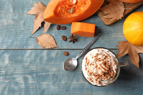 Plochá Laických Složení Sklenici Chutné Pumpkin Spice Latte Prostoru Pro — Stock fotografie