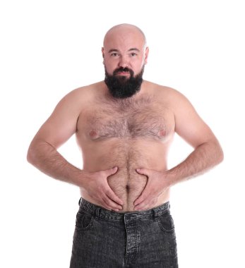 Teyp gri arka plan üzerinde ölçüm ile şişman adam. Kilo kaybı