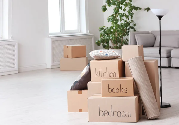 Cardboard Boxes Household Stuff Indoors Moving Day — Stock Photo, Image
