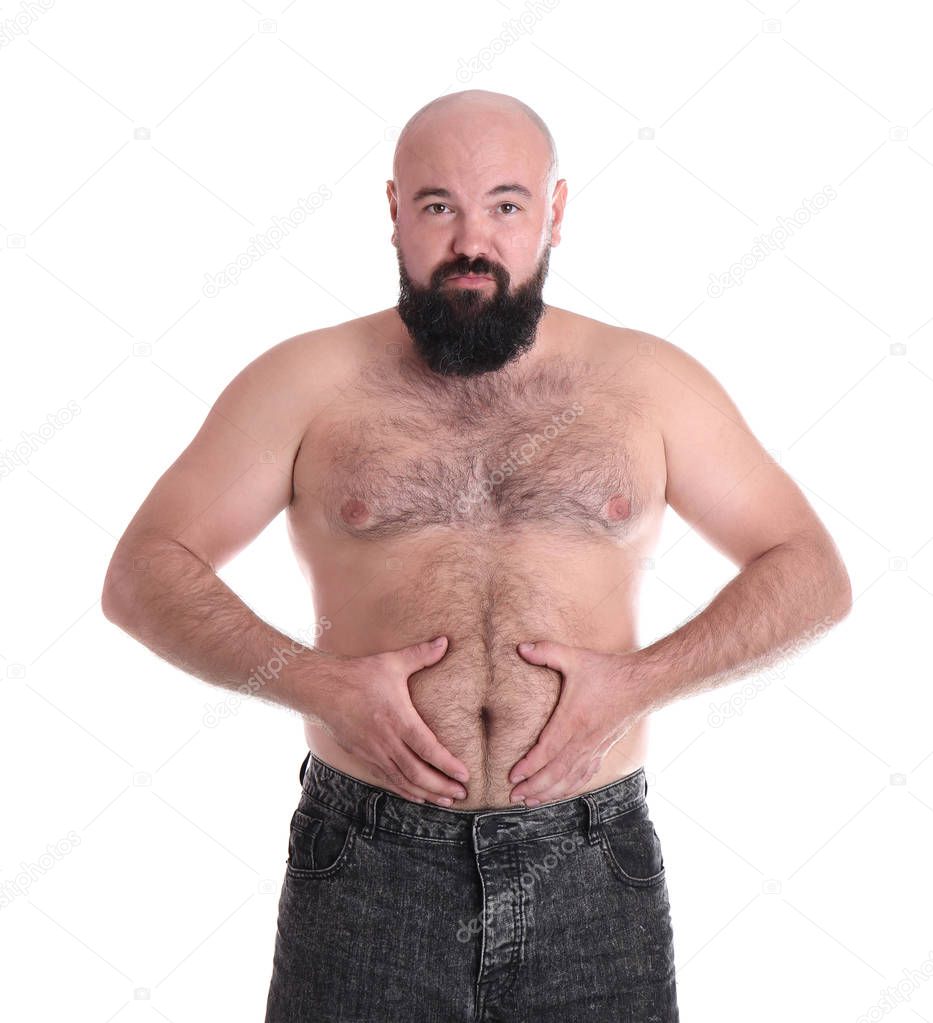 Fat man with measuring tape on grey background. Weight loss