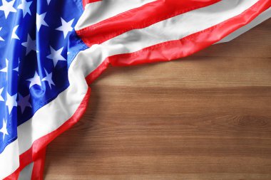 Amerikan bayrağı ahşap arka plan, metin için yer ile üstten görünüm üzerinde. Bağımsızlık günü